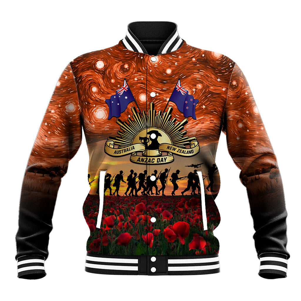 The Rising Sun Badge ANZAC Baseball Jacket Last Post Field of Poppy Starry Night Style LT03 Unisex Black - Polynesian Pride