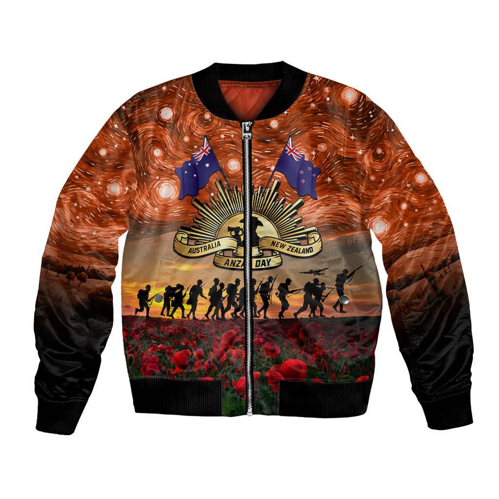 The Rising Sun Badge ANZAC Bomber Jacket Last Post Field of Poppy Starry Night Style LT03 Unisex Black - Polynesian Pride