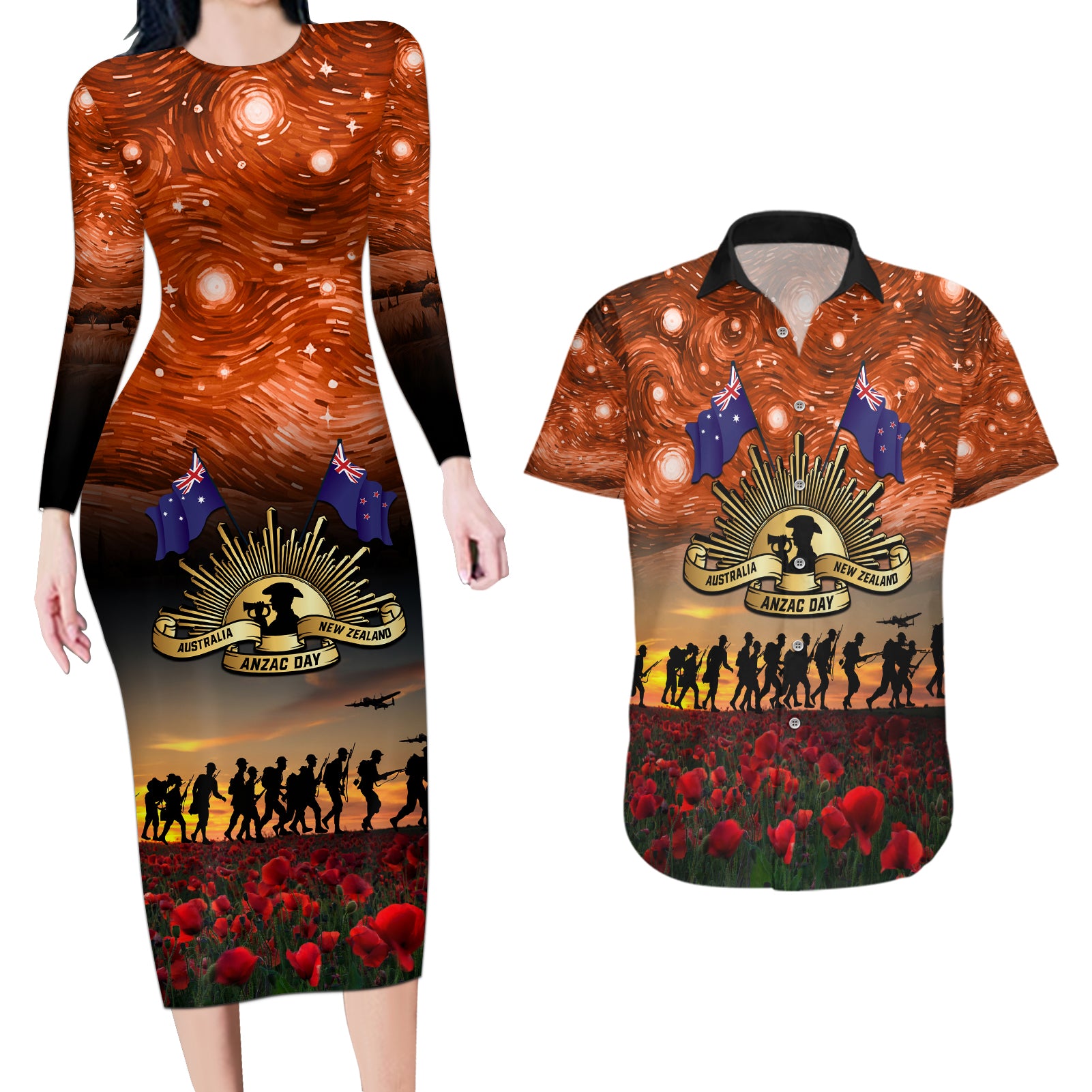 The Rising Sun Badge ANZAC Couples Matching Long Sleeve Bodycon Dress and Hawaiian Shirt Last Post Field of Poppy Starry Night Style LT03 Black - Polynesian Pride