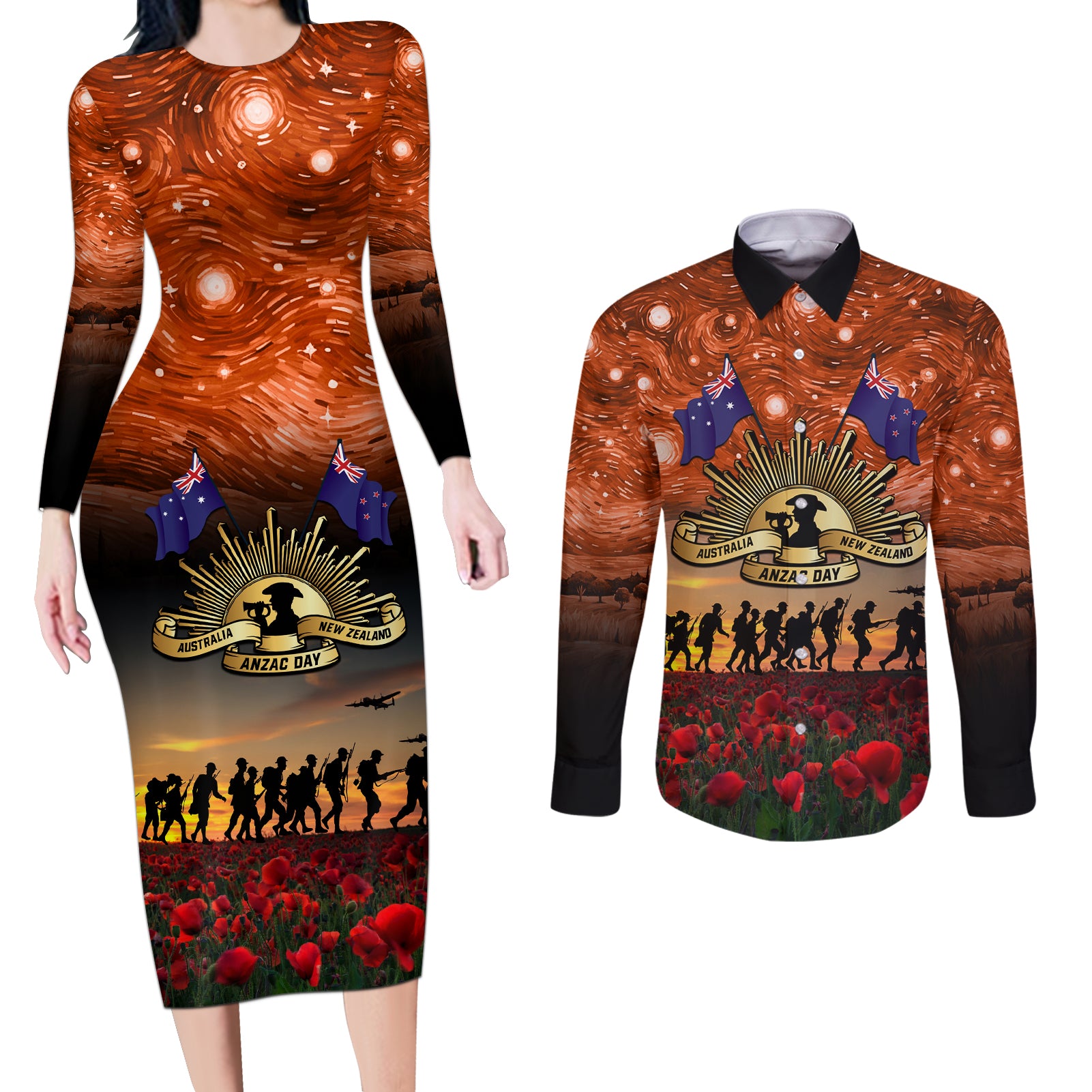 The Rising Sun Badge ANZAC Couples Matching Long Sleeve Bodycon Dress and Long Sleeve Button Shirt Last Post Field of Poppy Starry Night Style LT03 Black - Polynesian Pride