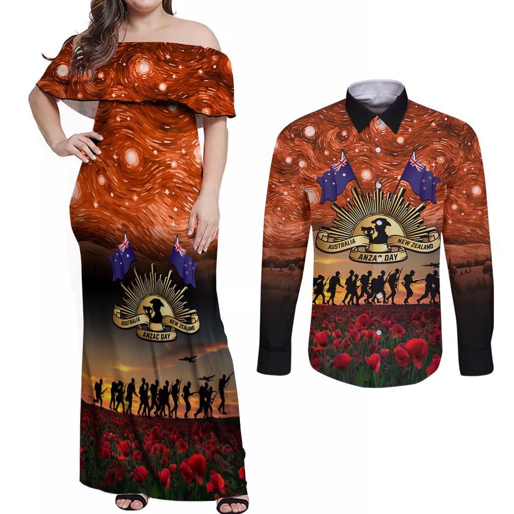 The Rising Sun Badge ANZAC Couples Matching Off Shoulder Maxi Dress and Long Sleeve Button Shirt Last Post Field of Poppy Starry Night Style LT03 Black - Polynesian Pride