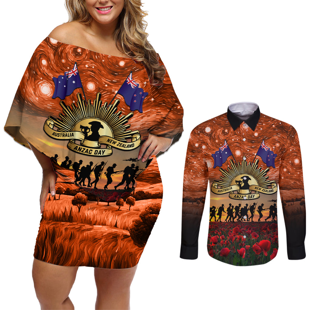 The Rising Sun Badge ANZAC Couples Matching Off Shoulder Short Dress and Long Sleeve Button Shirt Last Post Field of Poppy Starry Night Style LT03 Black - Polynesian Pride