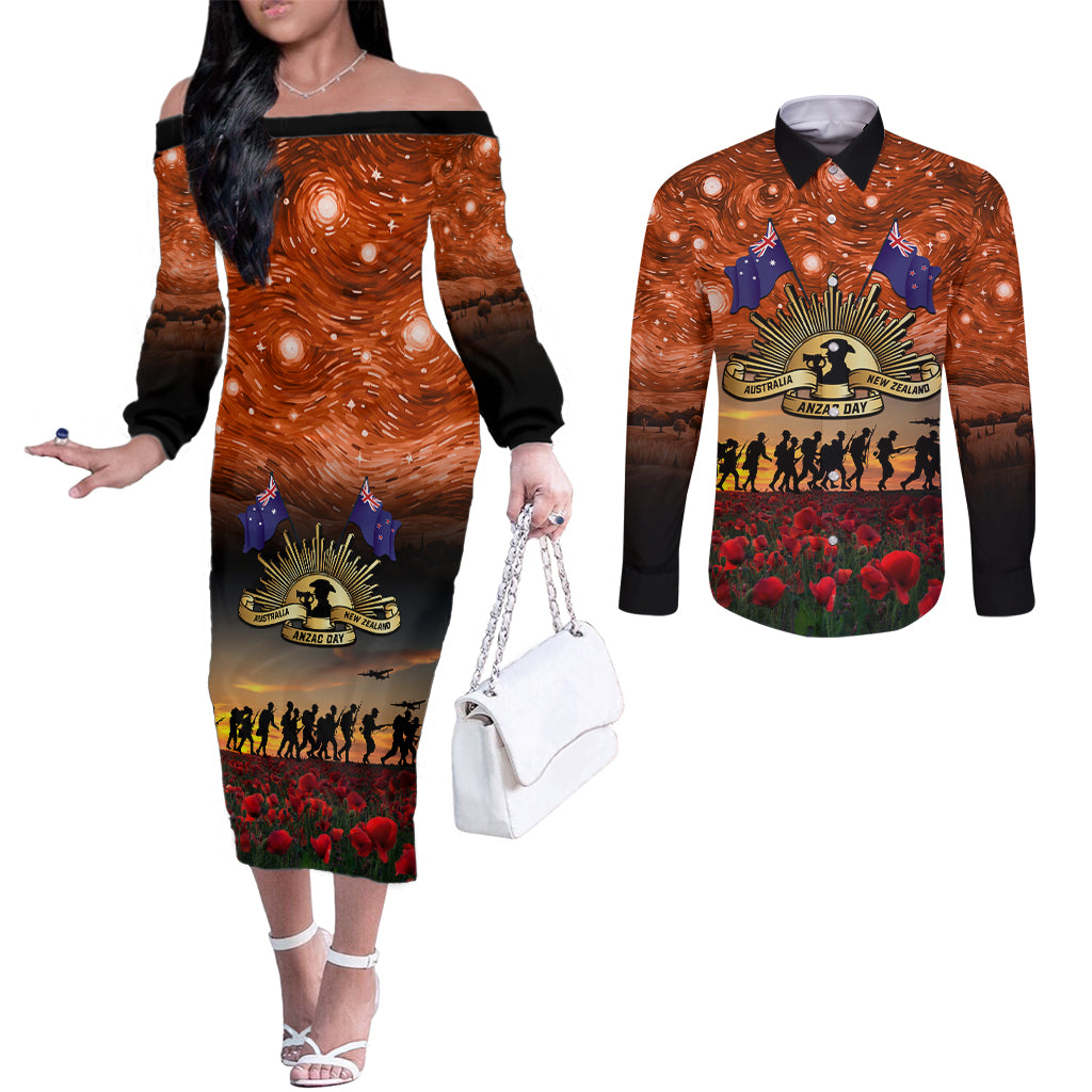 The Rising Sun Badge ANZAC Couples Matching Off The Shoulder Long Sleeve Dress and Long Sleeve Button Shirt Last Post Field of Poppy Starry Night Style LT03 Black - Polynesian Pride