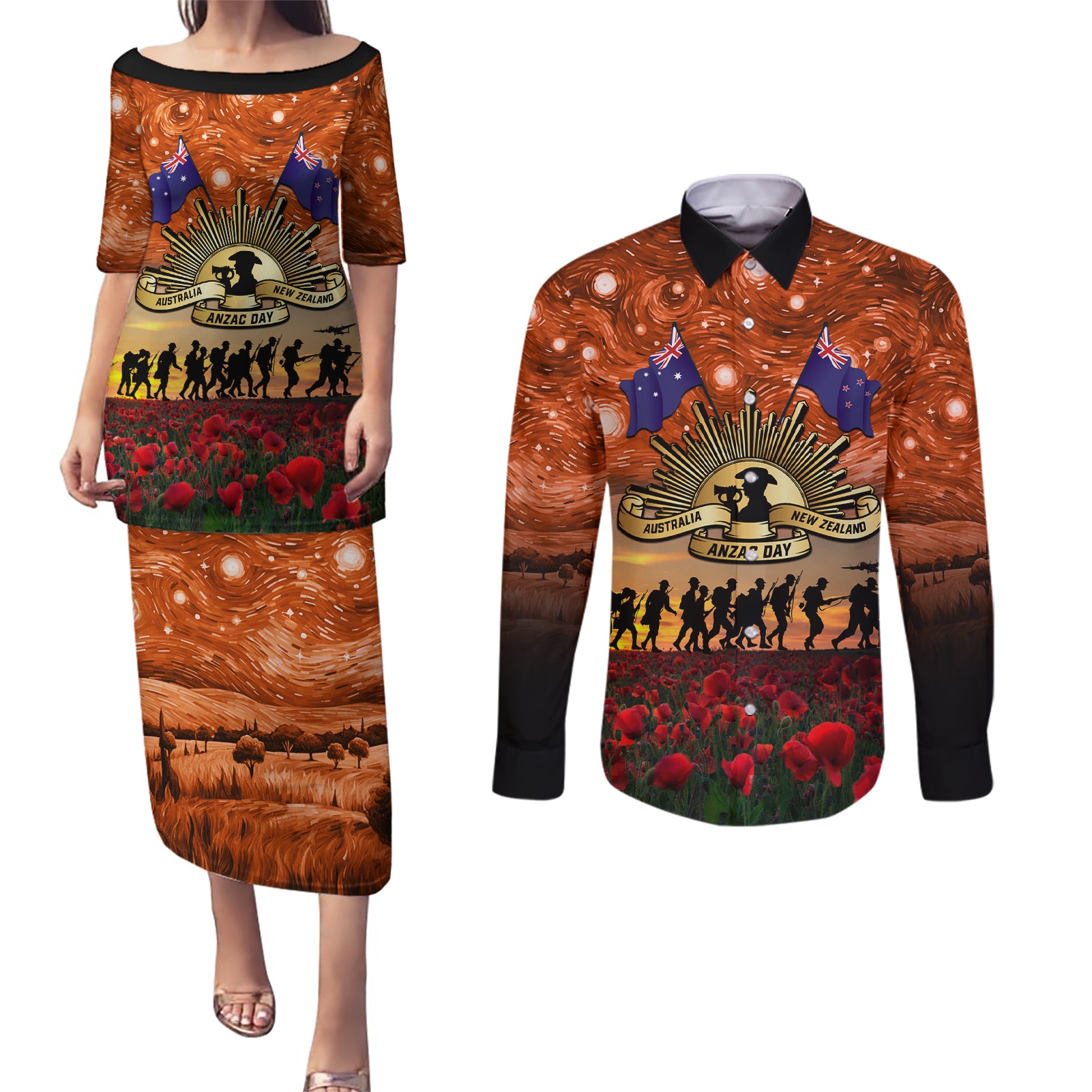 The Rising Sun Badge ANZAC Couples Matching Puletasi and Long Sleeve Button Shirt Last Post Field of Poppy Starry Night Style LT03 Black - Polynesian Pride