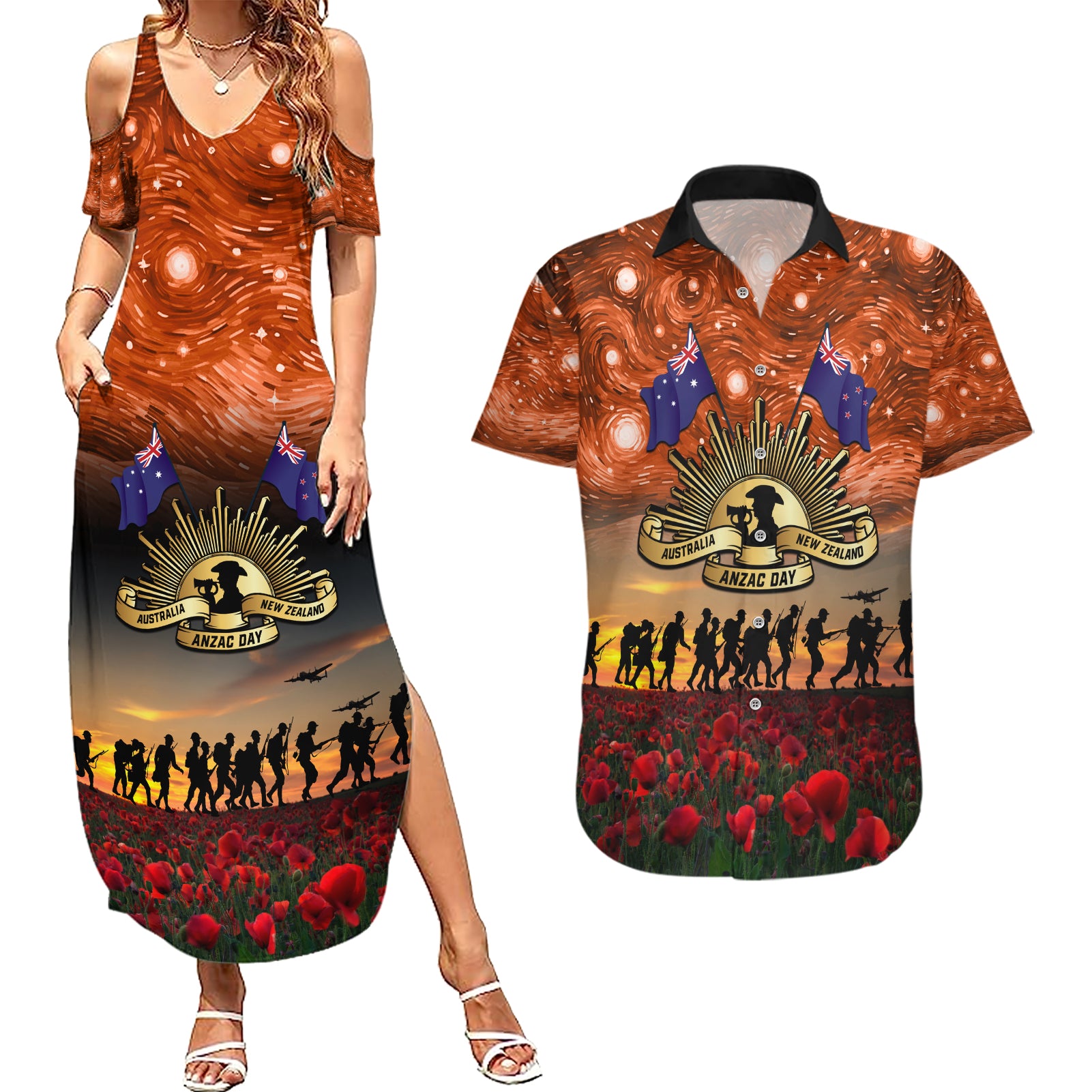 The Rising Sun Badge ANZAC Couples Matching Summer Maxi Dress and Hawaiian Shirt Last Post Field of Poppy Starry Night Style LT03 Black - Polynesian Pride