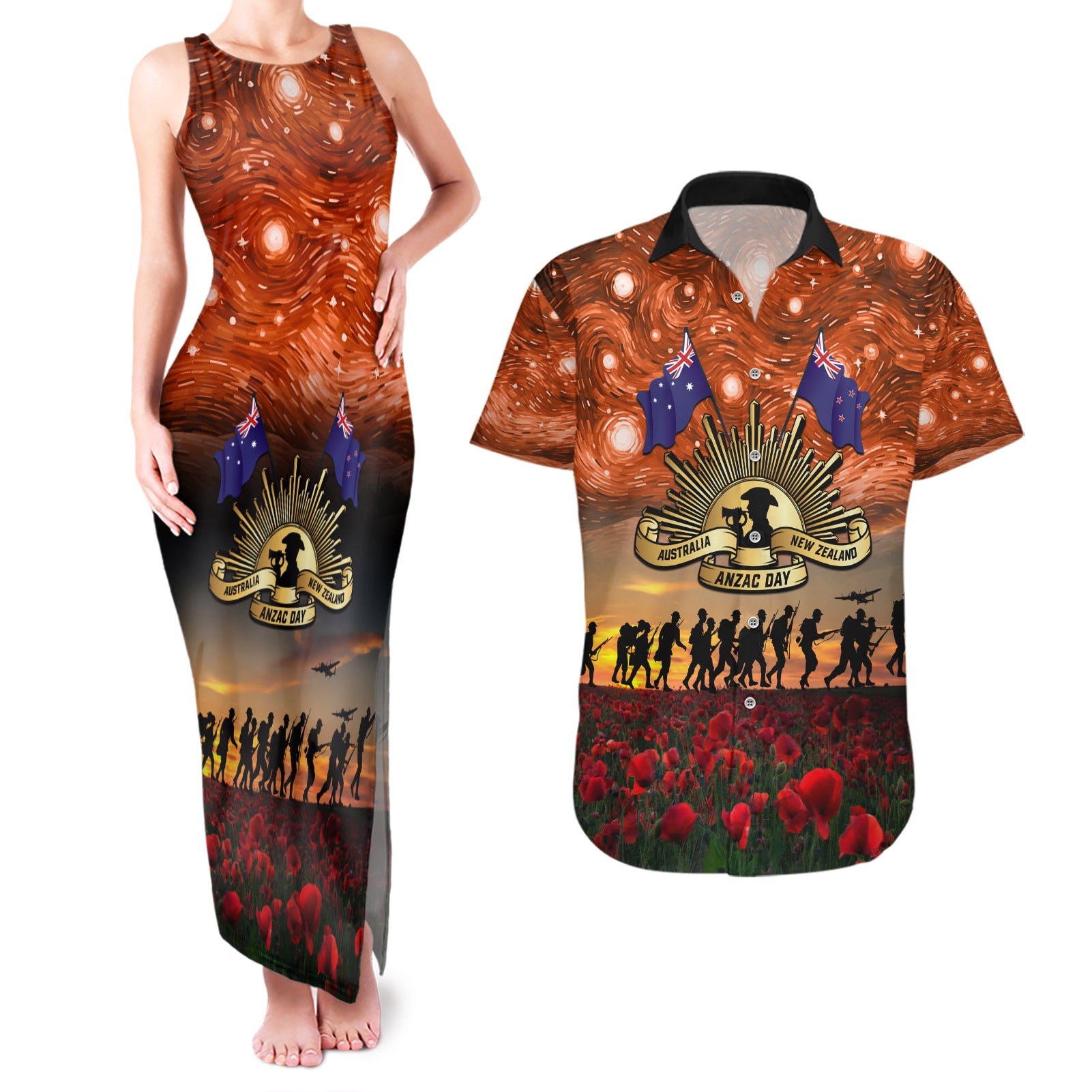 The Rising Sun Badge ANZAC Couples Matching Tank Maxi Dress and Hawaiian Shirt Last Post Field of Poppy Starry Night Style LT03 Black - Polynesian Pride