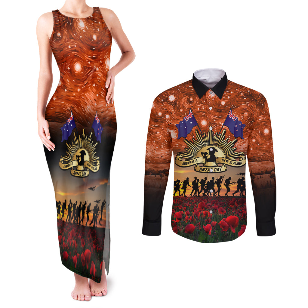 The Rising Sun Badge ANZAC Couples Matching Tank Maxi Dress and Long Sleeve Button Shirt Last Post Field of Poppy Starry Night Style LT03 Black - Polynesian Pride