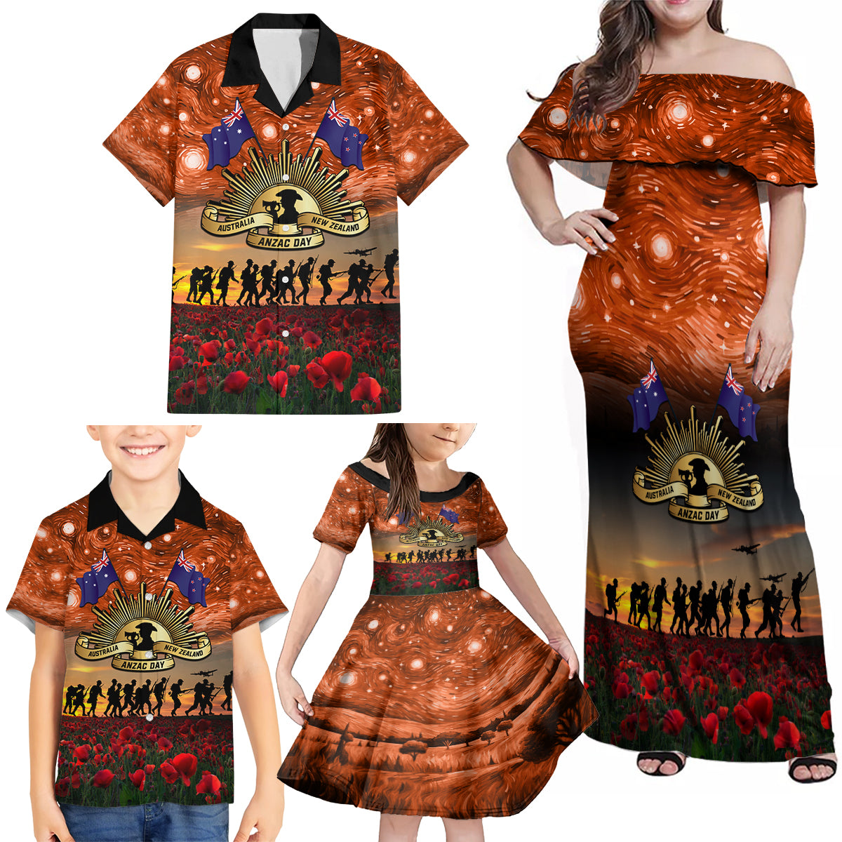 The Rising Sun Badge ANZAC Family Matching Off Shoulder Maxi Dress and Hawaiian Shirt Last Post Field of Poppy Starry Night Style LT03 - Polynesian Pride