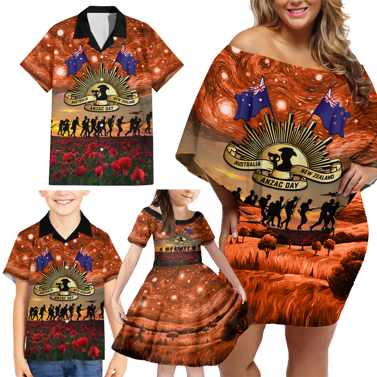 The Rising Sun Badge ANZAC Family Matching Off Shoulder Short Dress and Hawaiian Shirt Last Post Field of Poppy Starry Night Style LT03 - Polynesian Pride