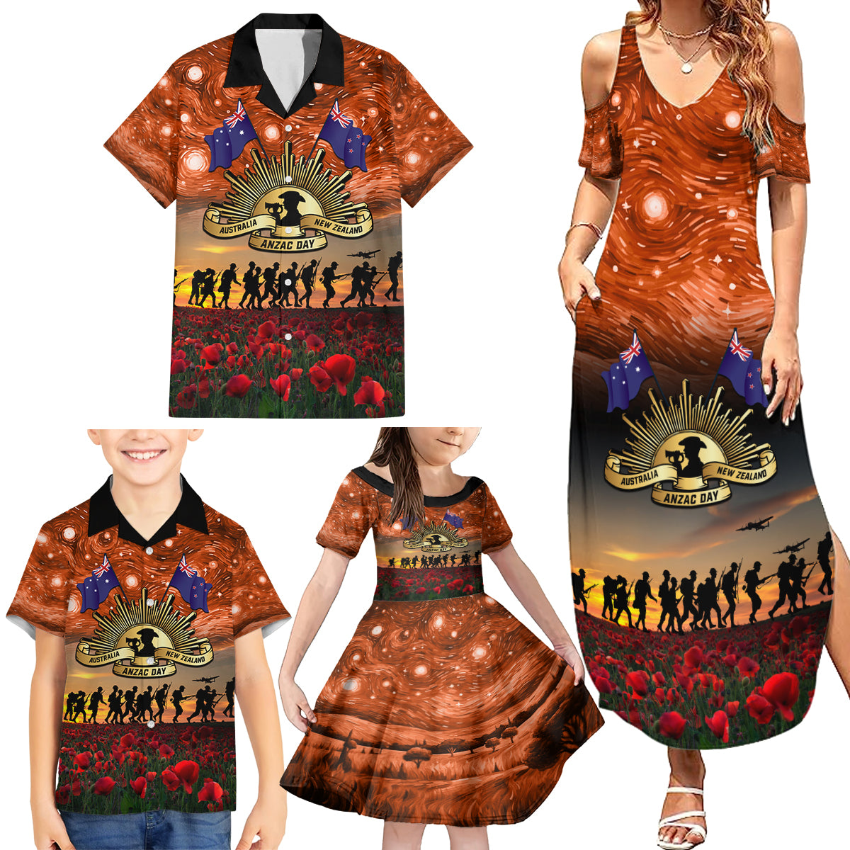 The Rising Sun Badge ANZAC Family Matching Summer Maxi Dress and Hawaiian Shirt Last Post Field of Poppy Starry Night Style LT03 - Polynesian Pride