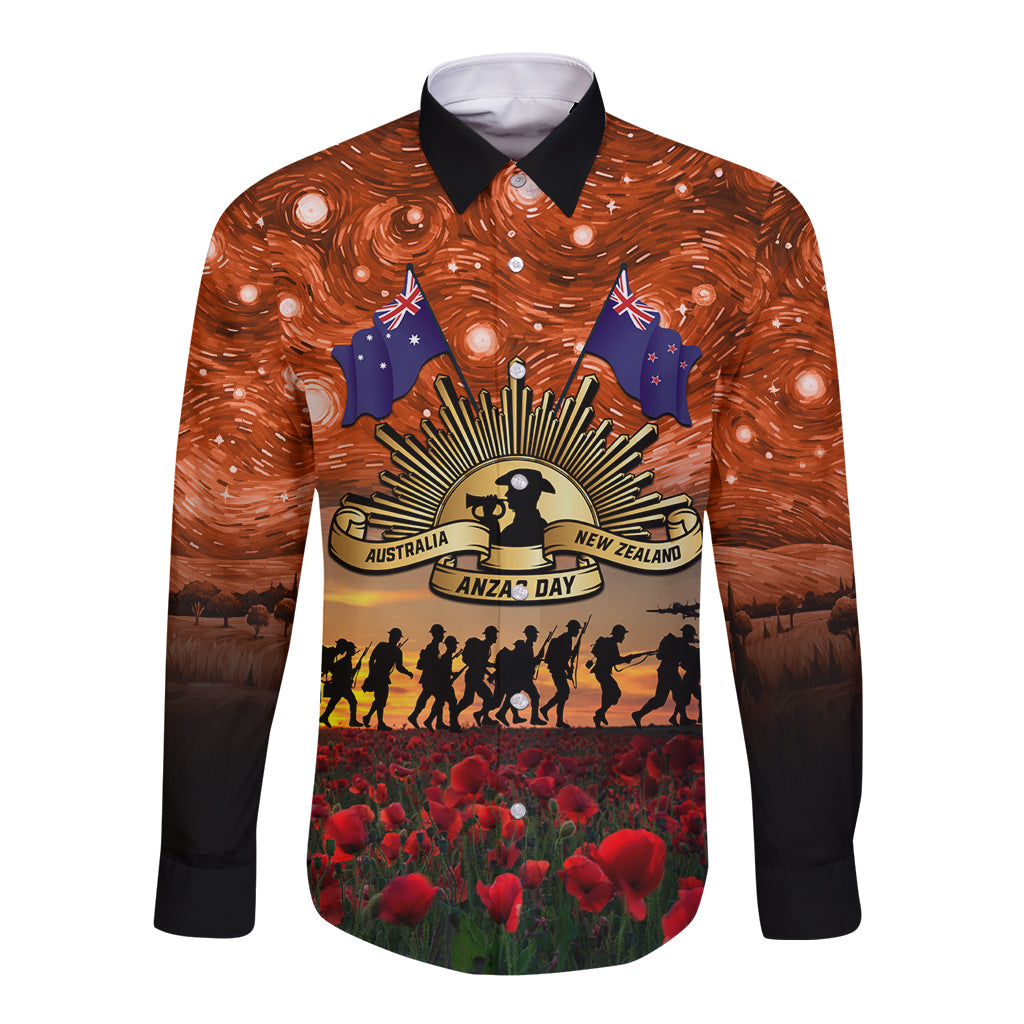 The Rising Sun Badge ANZAC Long Sleeve Button Shirt Last Post Field of Poppy Starry Night Style LT03 Unisex Black - Polynesian Pride