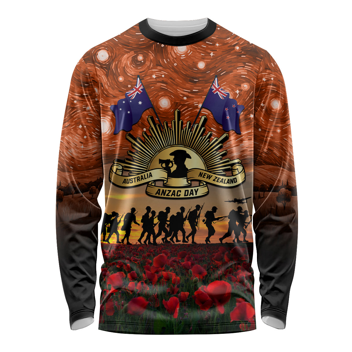 The Rising Sun Badge ANZAC Long Sleeve Shirt Last Post Field of Poppy Starry Night Style LT03 Unisex Black - Polynesian Pride