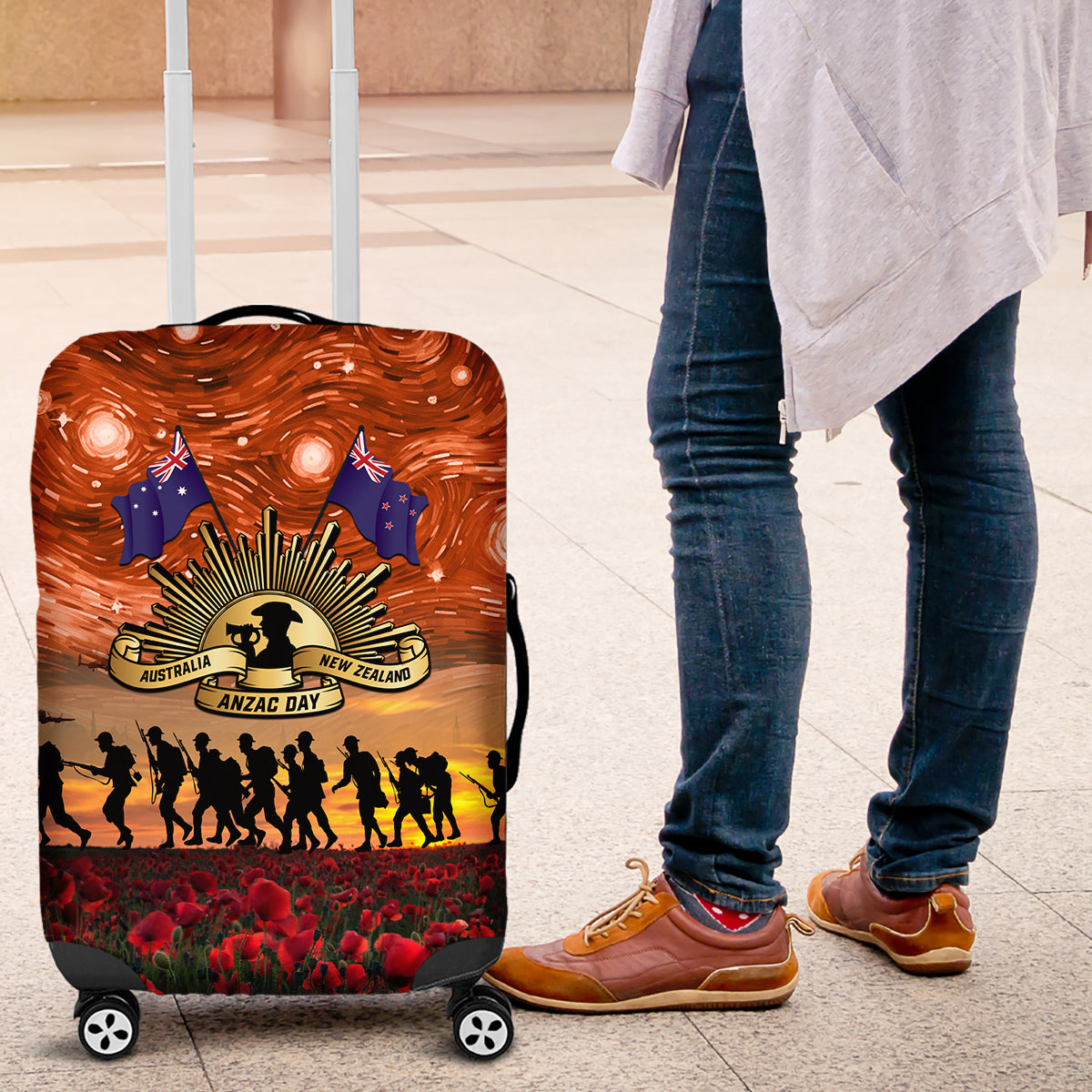 The Rising Sun Badge ANZAC Luggage Cover Last Post Field of Poppy Starry Night Style LT03 Black - Polynesian Pride