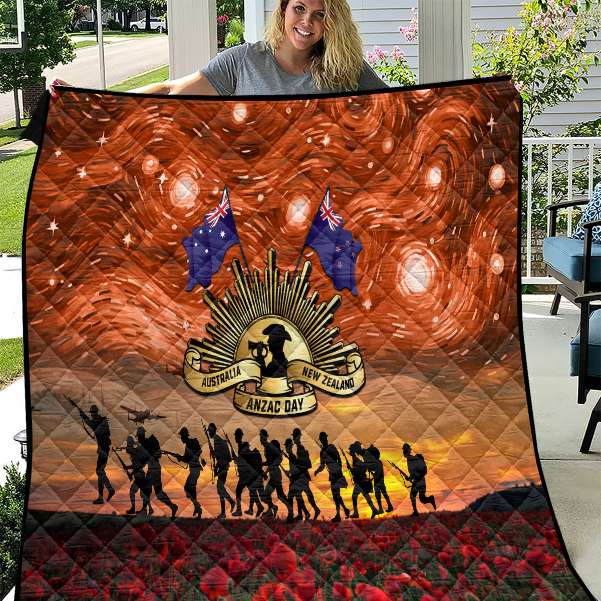 The Rising Sun Badge ANZAC Quilt Last Post Field of Poppy Starry Night Style LT03 Black - Polynesian Pride