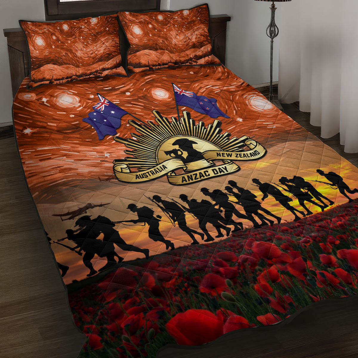 The Rising Sun Badge ANZAC Quilt Bed Set Last Post Field of Poppy Starry Night Style LT03 Black - Polynesian Pride