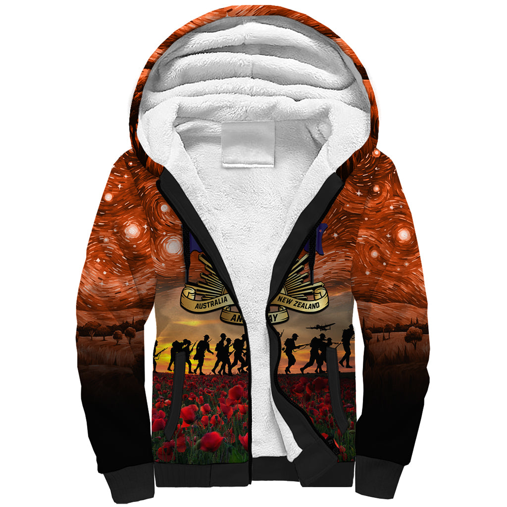 The Rising Sun Badge ANZAC Sherpa Hoodie Last Post Field of Poppy Starry Night Style LT03 Unisex Black - Polynesian Pride