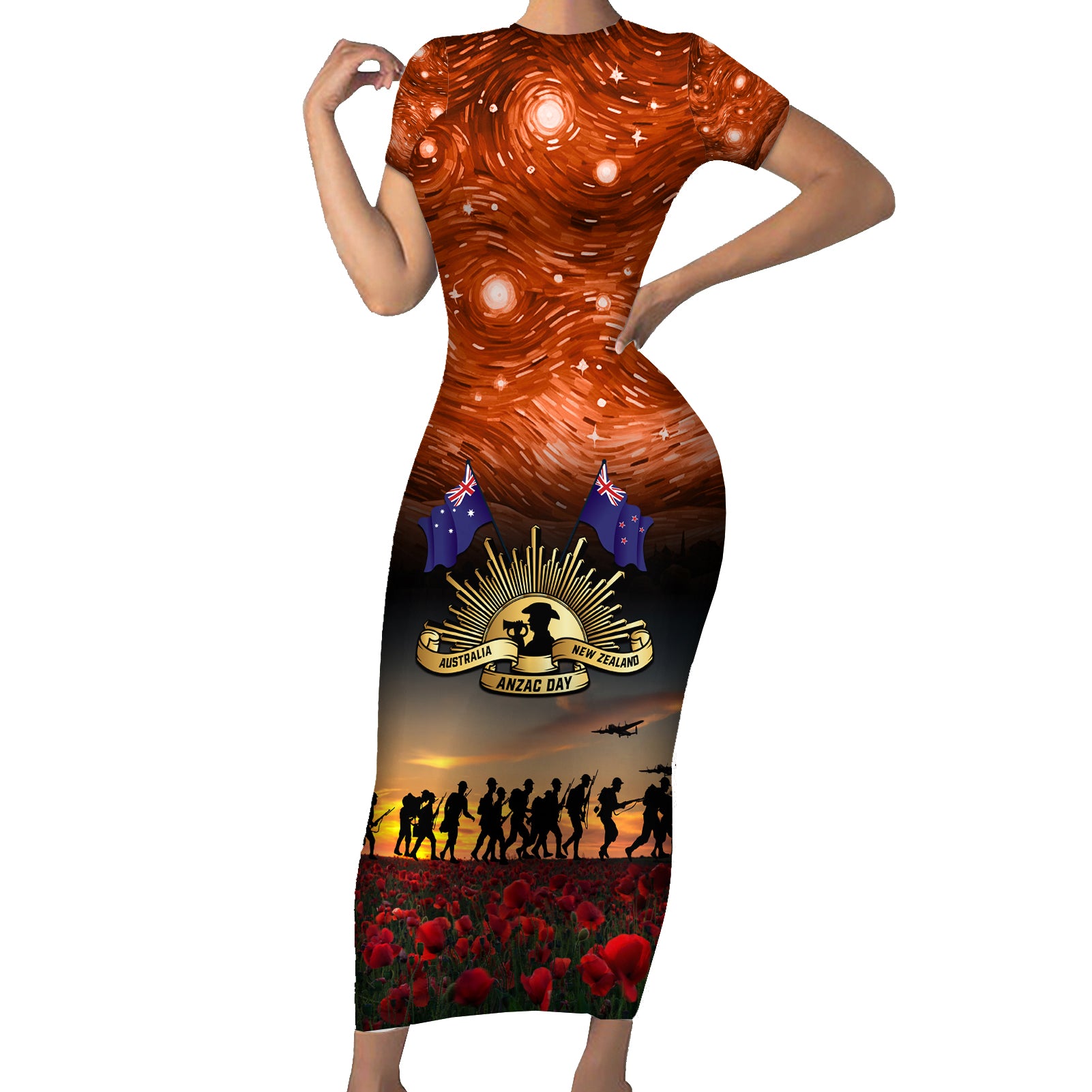 The Rising Sun Badge ANZAC Short Sleeve Bodycon Dress Last Post Field of Poppy Starry Night Style LT03 Long Dress Black - Polynesian Pride