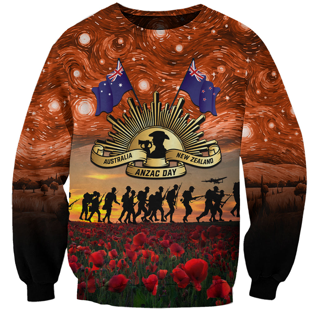 The Rising Sun Badge ANZAC Sweatshirt Last Post Field of Poppy Starry Night Style LT03 Unisex Black - Polynesian Pride