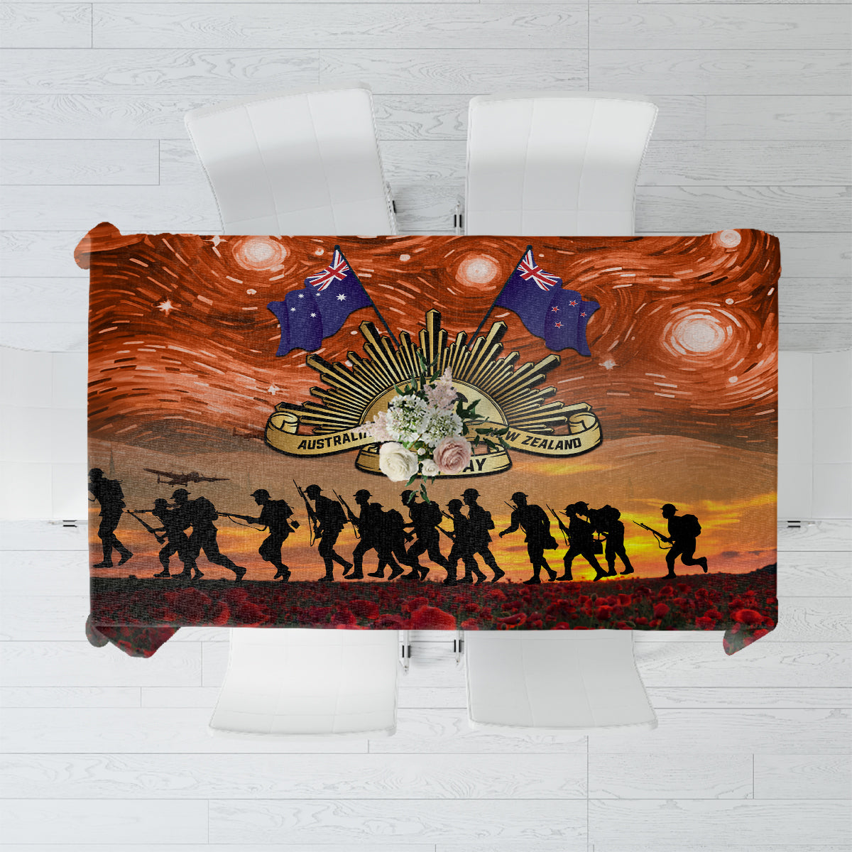 The Rising Sun Badge ANZAC Tablecloth Last Post Field of Poppy Starry Night Style LT03 Black - Polynesian Pride