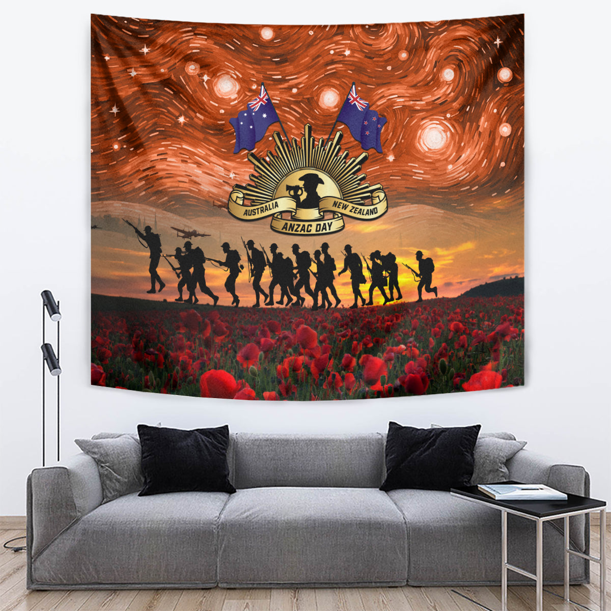 The Rising Sun Badge ANZAC Tapestry Last Post Field of Poppy Starry Night Style LT03 Black - Polynesian Pride