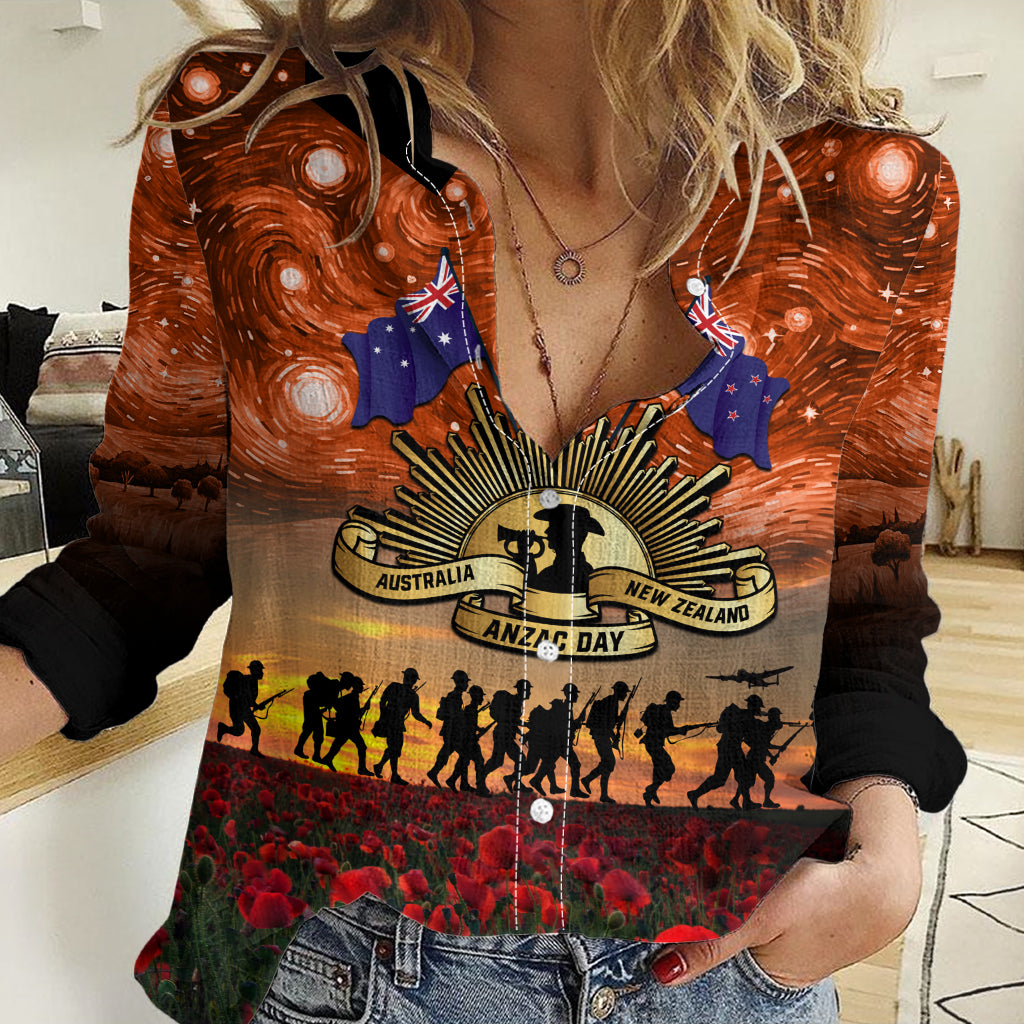 The Rising Sun Badge ANZAC Women Casual Shirt Last Post Field of Poppy Starry Night Style LT03 Female Black - Polynesian Pride