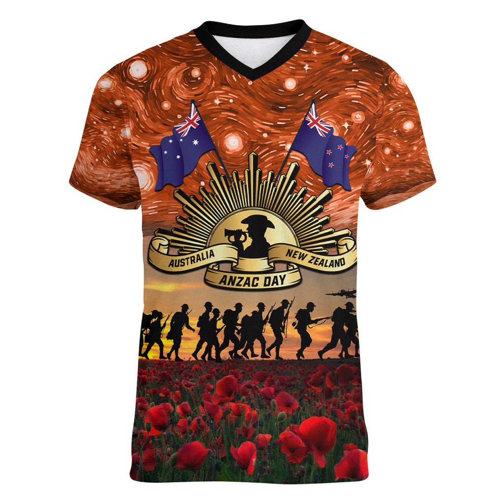 The Rising Sun Badge ANZAC Women V Neck T Shirt Last Post Field of Poppy Starry Night Style LT03 Female Black - Polynesian Pride