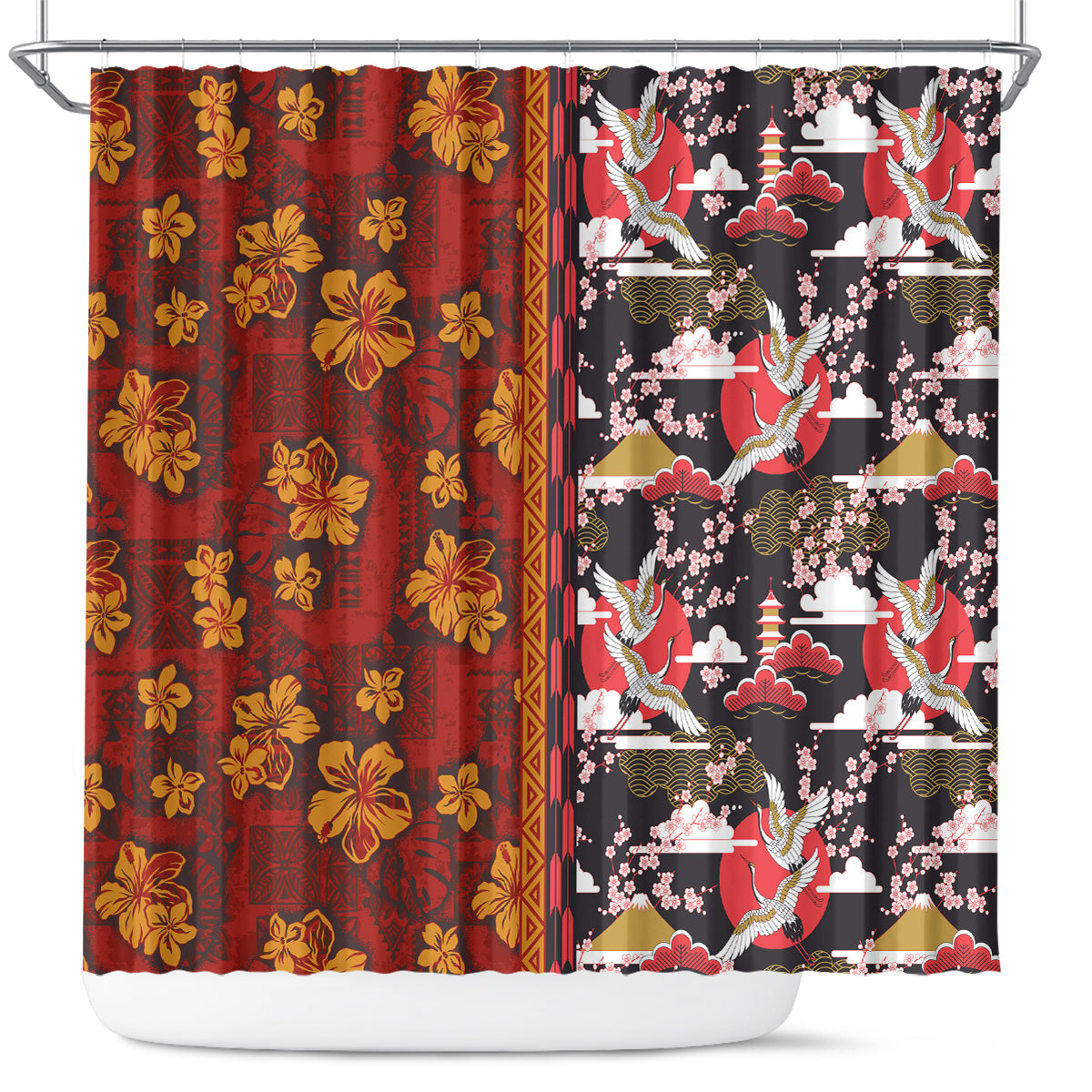 Pan-Pacific Festival Shower Curtain Hawaiian Tribal and Japanese Pattern Together Culture