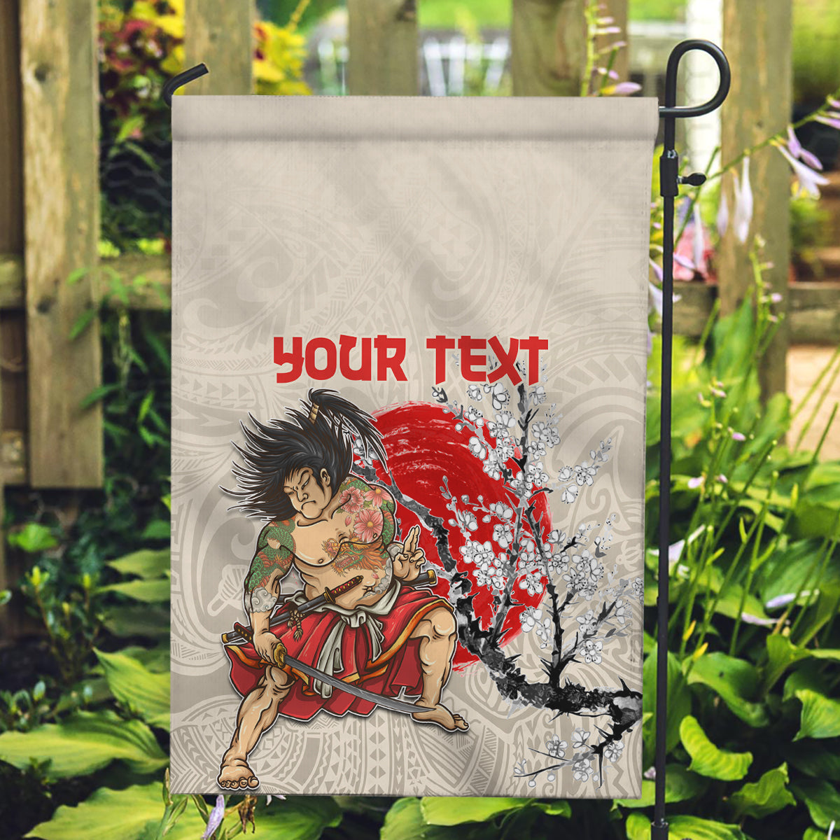 Personalised Japanese Culture Hawaii Style Garden Flag Japanese Samurai with Hawaiian Pattern LT03 Garden Flag Beige - Polynesian Pride