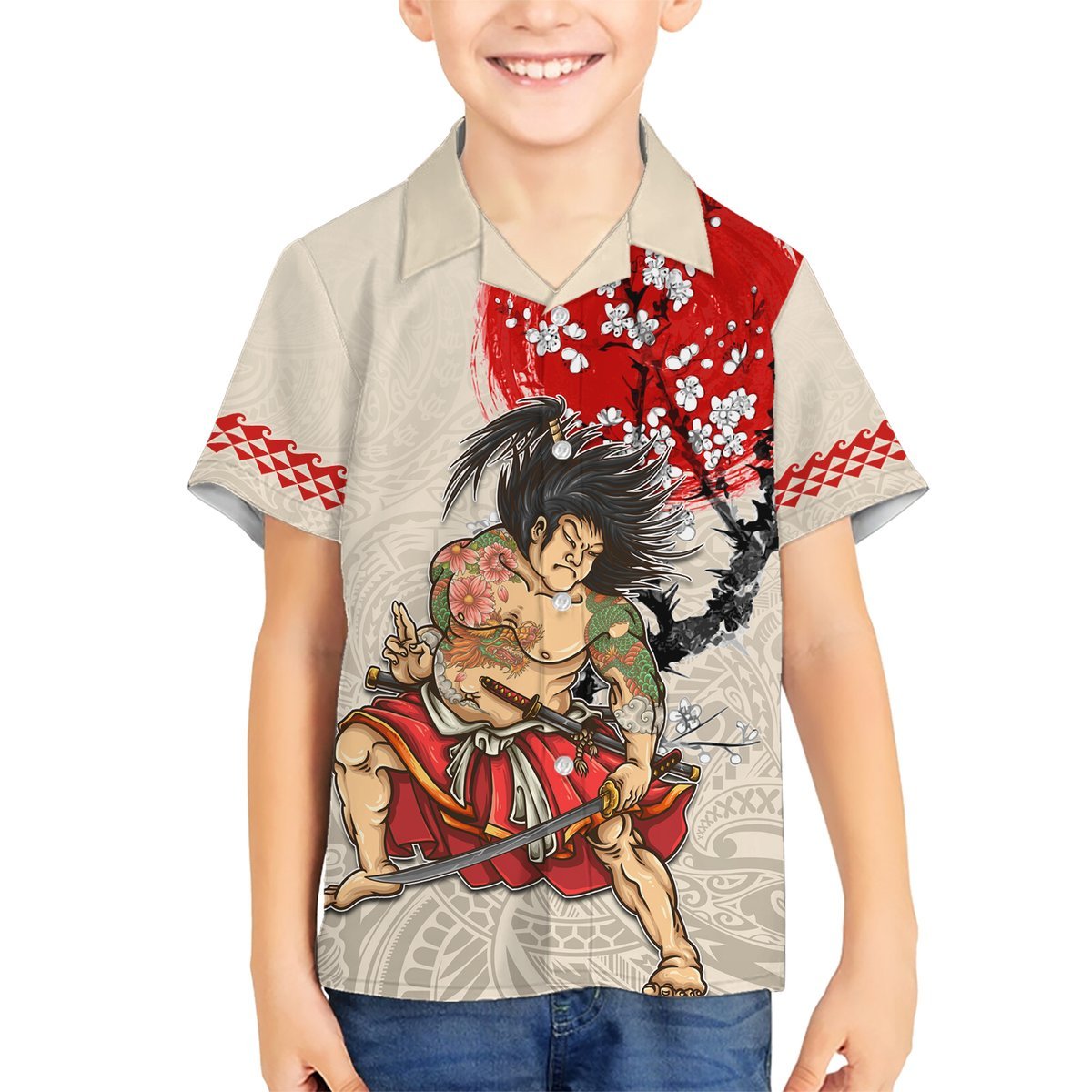 Personalised Japanese Culture Hawaii Style Hawaiian Shirt Japanese Samurai with Hawaiian Pattern LT03 - Polynesian Pride
