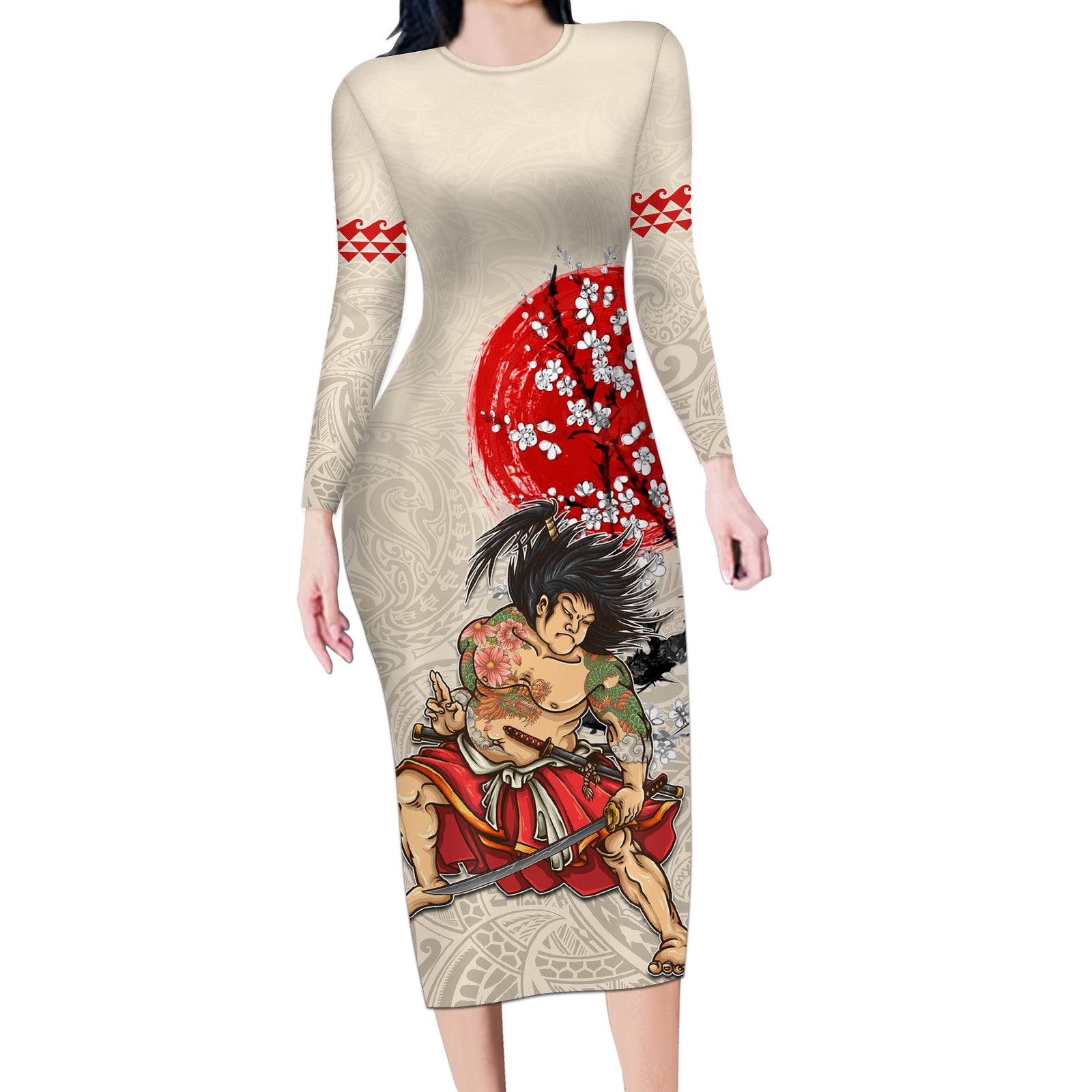 Personalised Japanese Culture Hawaii Style Long Sleeve Bodycon Dress Japanese Samurai with Hawaiian Pattern LT03 Long Dress Beige - Polynesian Pride
