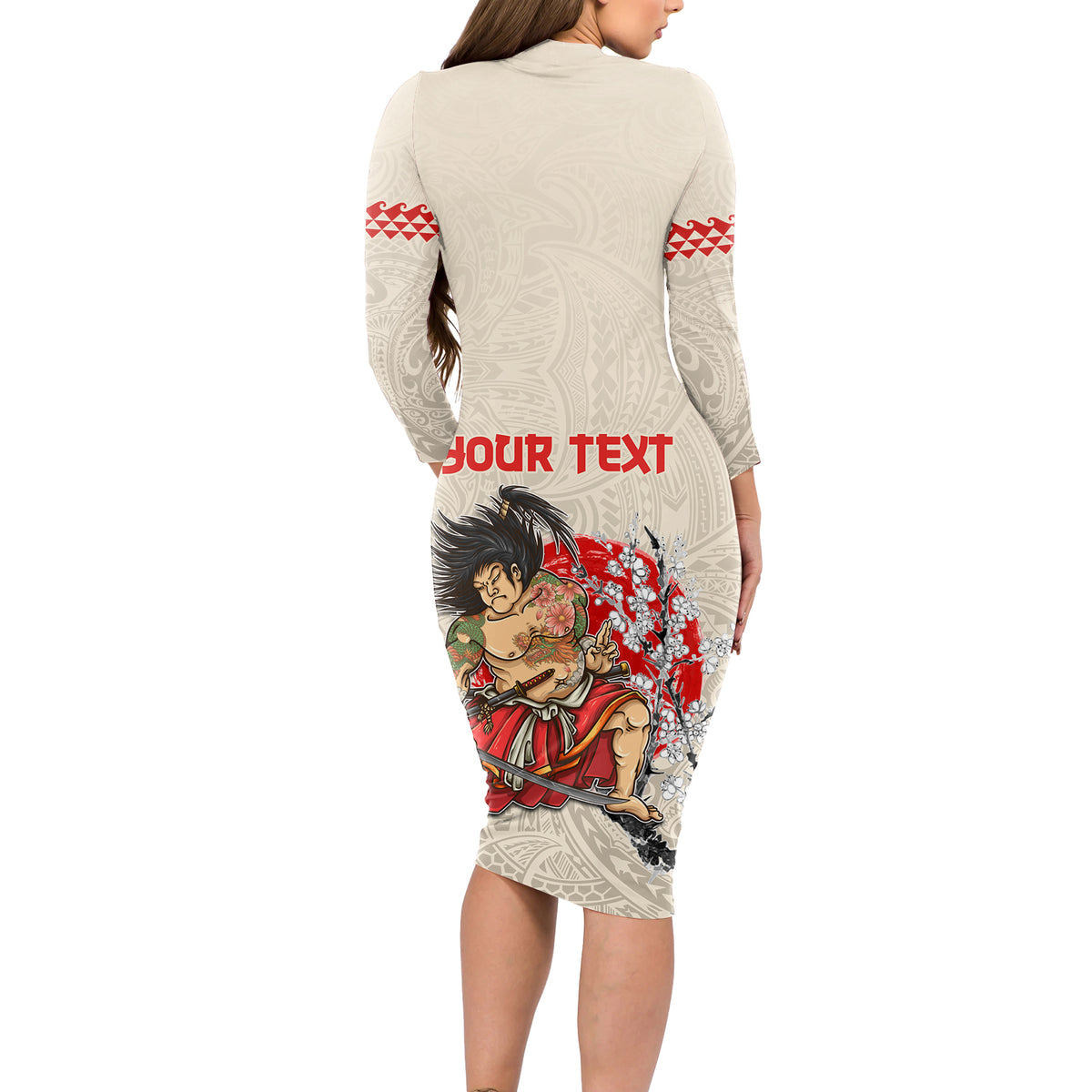 Personalised Japanese Culture Hawaii Style Long Sleeve Bodycon Dress Japanese Samurai with Hawaiian Pattern LT03 - Polynesian Pride