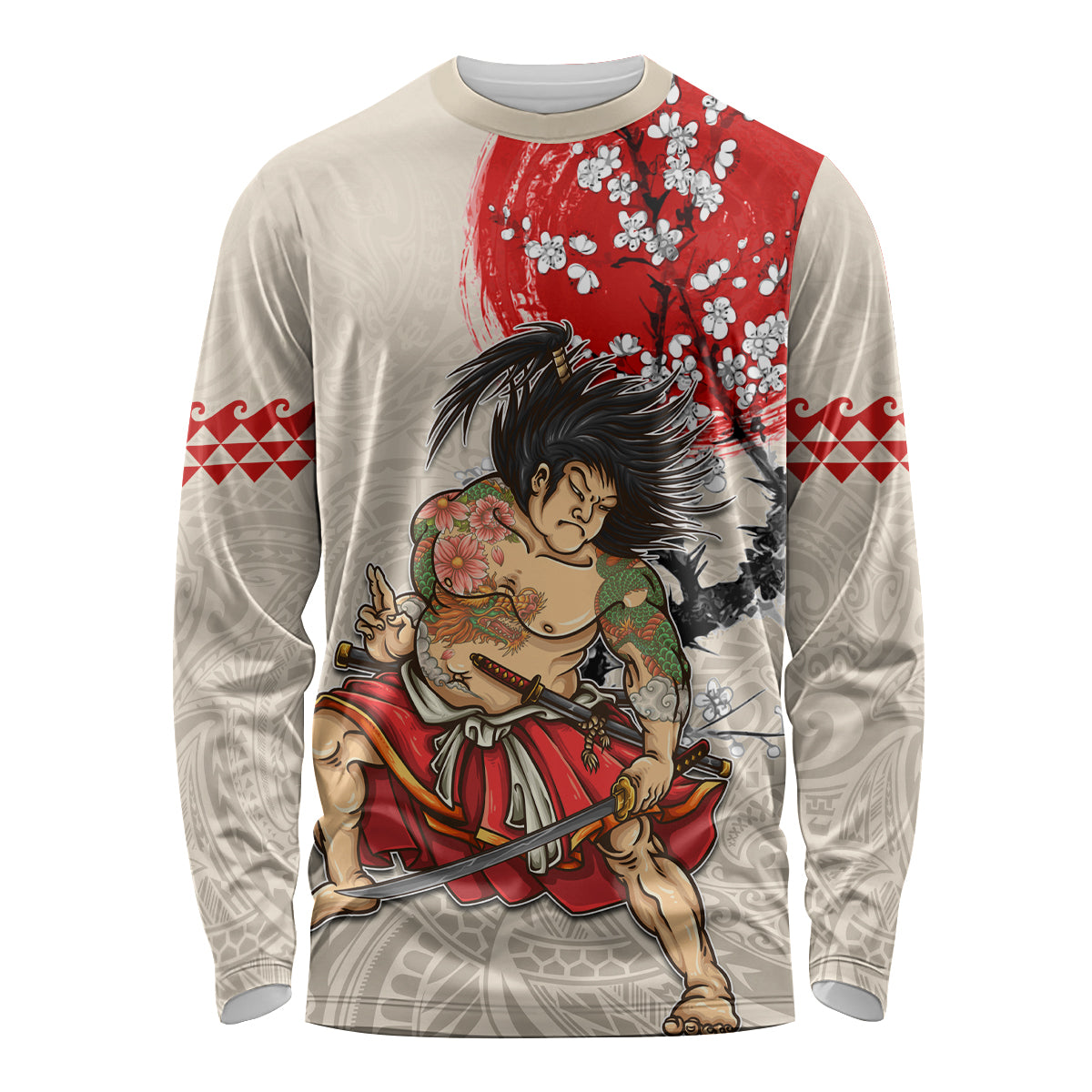 Personalised Japanese Culture Hawaii Style Long Sleeve Shirt Japanese Samurai with Hawaiian Pattern LT03 Unisex Beige - Polynesian Pride