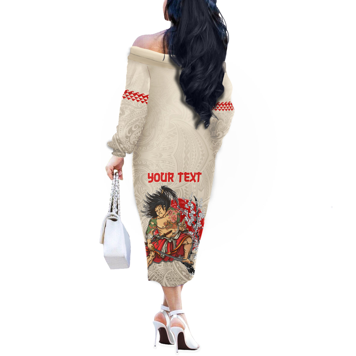 Personalised Japanese Culture Hawaii Style Off The Shoulder Long Sleeve Dress Japanese Samurai with Hawaiian Pattern LT03 - Polynesian Pride