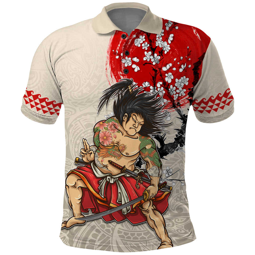Personalised Japanese Culture Hawaii Style Polo Shirt Japanese Samurai with Hawaiian Pattern LT03 Beige - Polynesian Pride