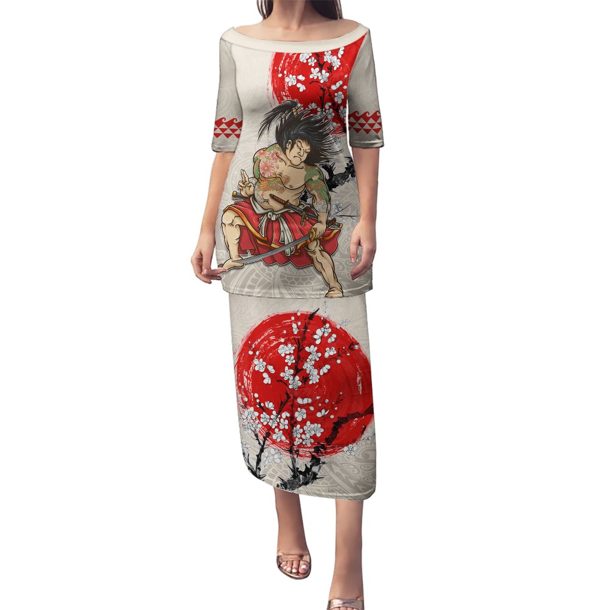 Personalised Japanese Culture Hawaii Style Puletasi Japanese Samurai with Hawaiian Pattern LT03 Long Dress Beige - Polynesian Pride