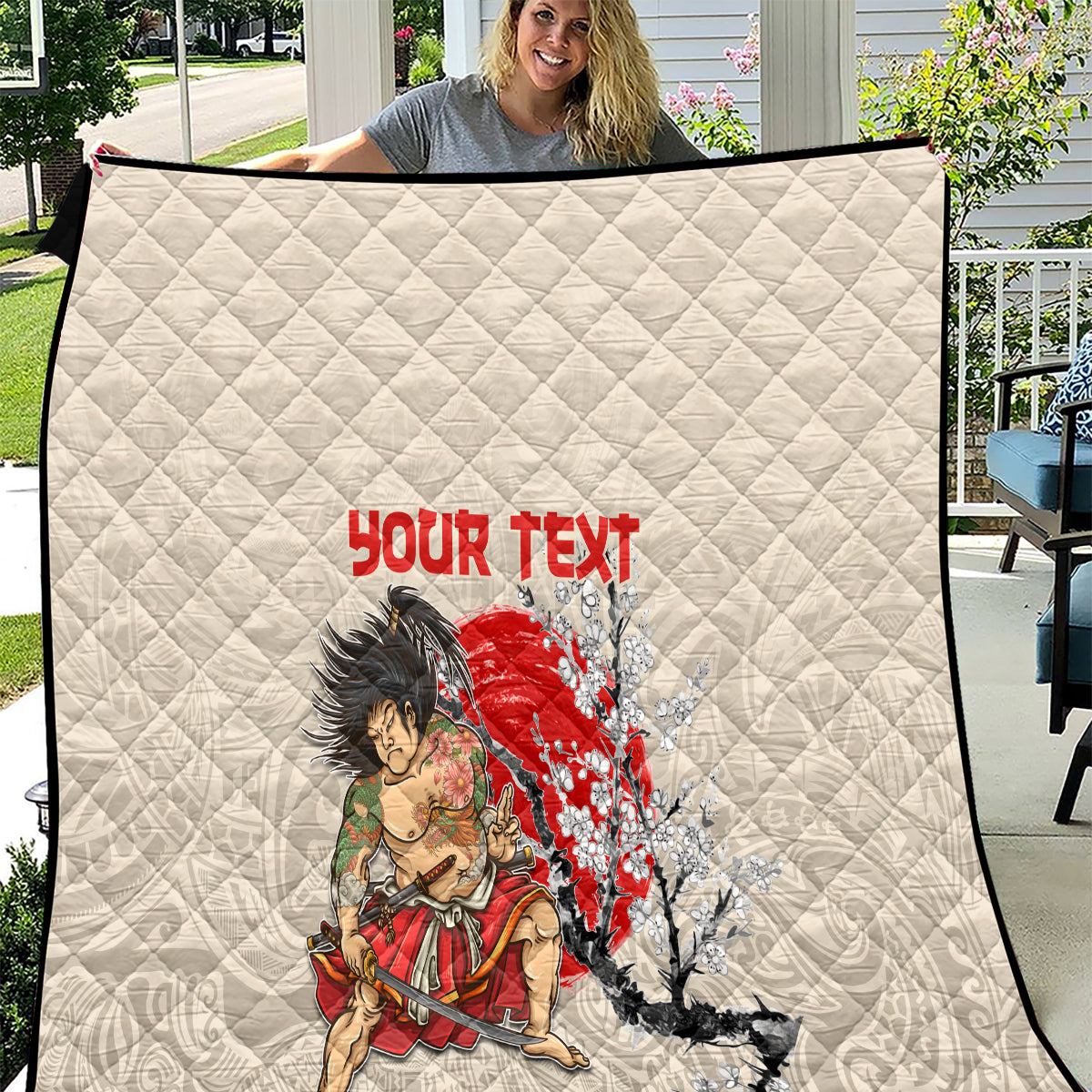 Personalised Japanese Culture Hawaii Style Quilt Japanese Samurai with Hawaiian Pattern LT03 Beige - Polynesian Pride