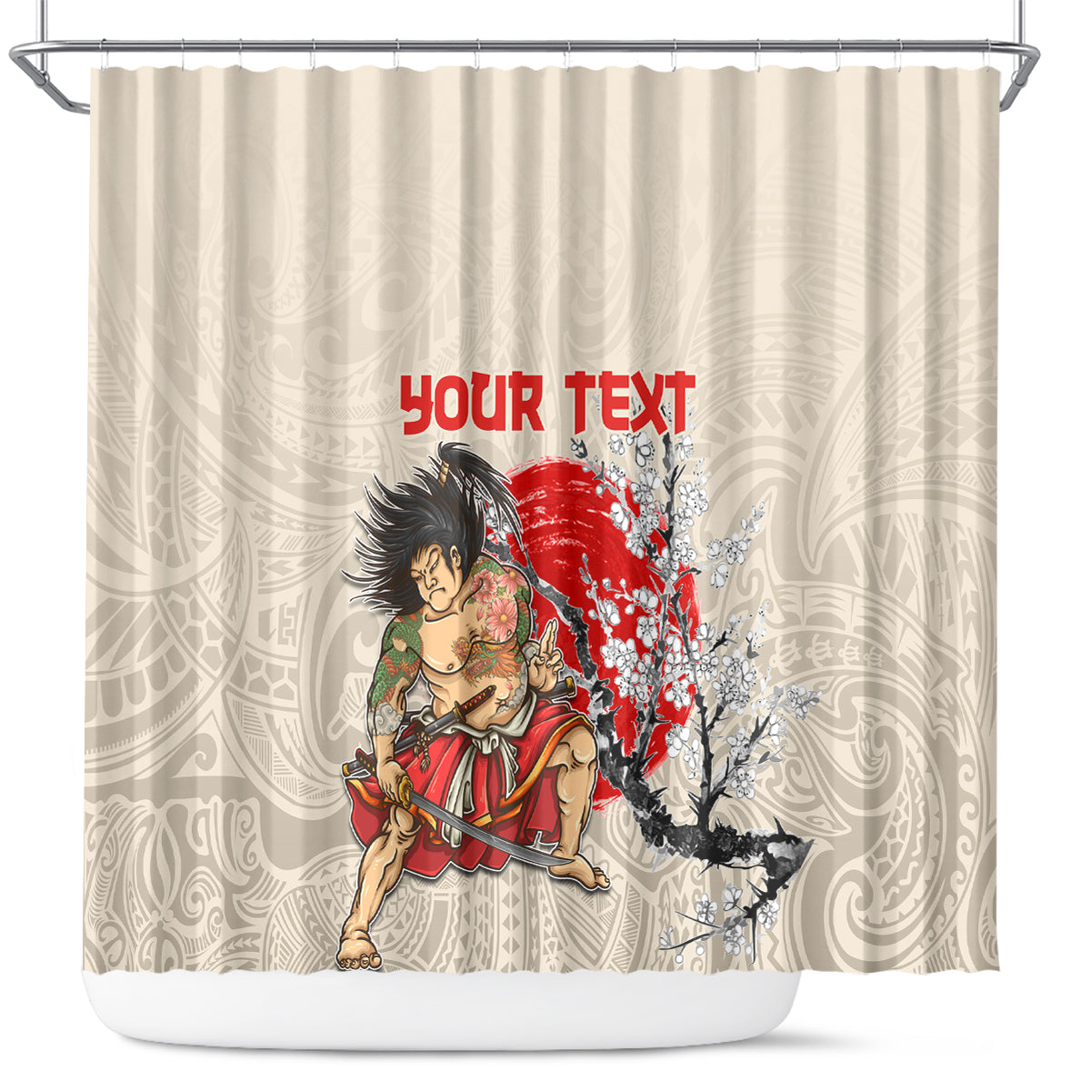 Personalised Pan-Pacific Festival Shower Curtain Japanese Samurai with Hawaiian Pattern