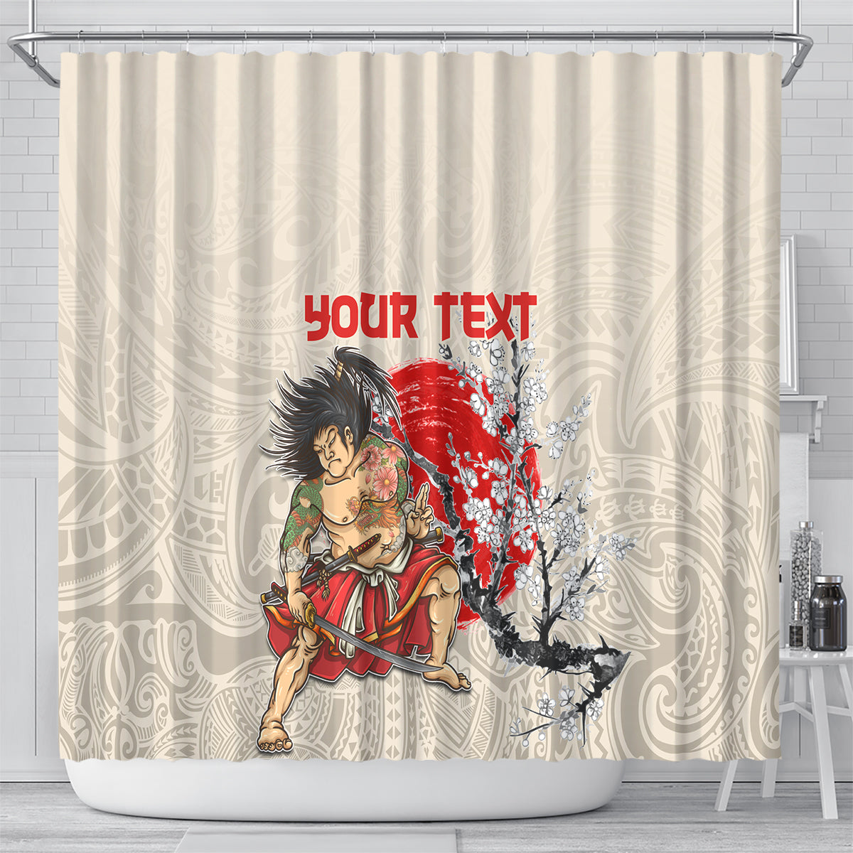Personalised Japanese Culture Hawaii Style Shower Curtain Japanese Samurai with Hawaiian Pattern LT03 - Polynesian Pride