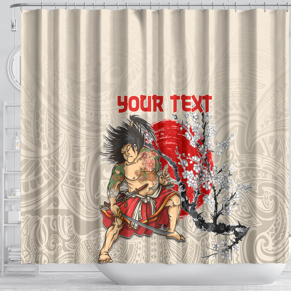 Personalised Japanese Culture Hawaii Style Shower Curtain Japanese Samurai with Hawaiian Pattern LT03 - Polynesian Pride