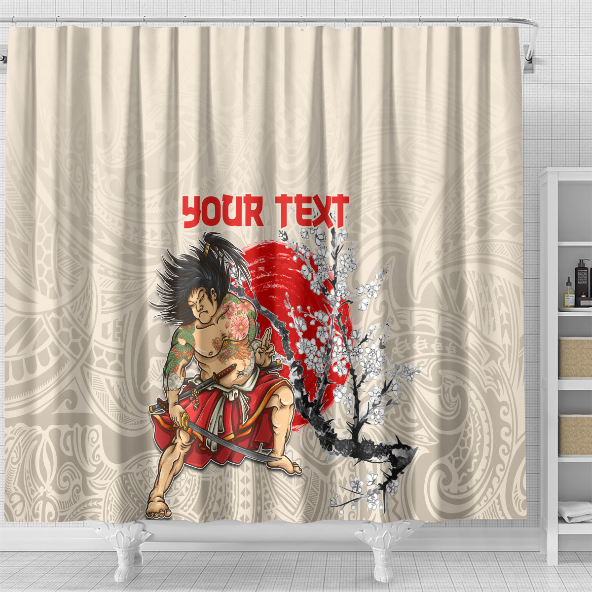 Personalised Japanese Culture Hawaii Style Shower Curtain Japanese Samurai with Hawaiian Pattern LT03 - Polynesian Pride