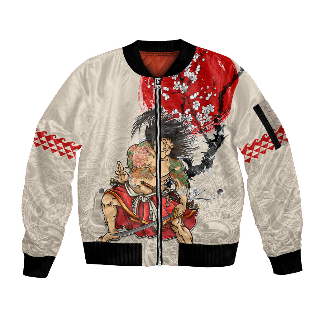 Personalised Japanese Culture Hawaii Style Sleeve Zip Bomber Jacket Japanese Samurai with Hawaiian Pattern LT03 Unisex Beige - Polynesian Pride