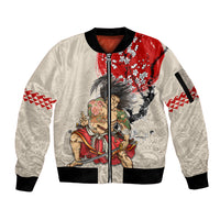 Personalised Japanese Culture Hawaii Style Sleeve Zip Bomber Jacket Japanese Samurai with Hawaiian Pattern LT03 Unisex Beige - Polynesian Pride