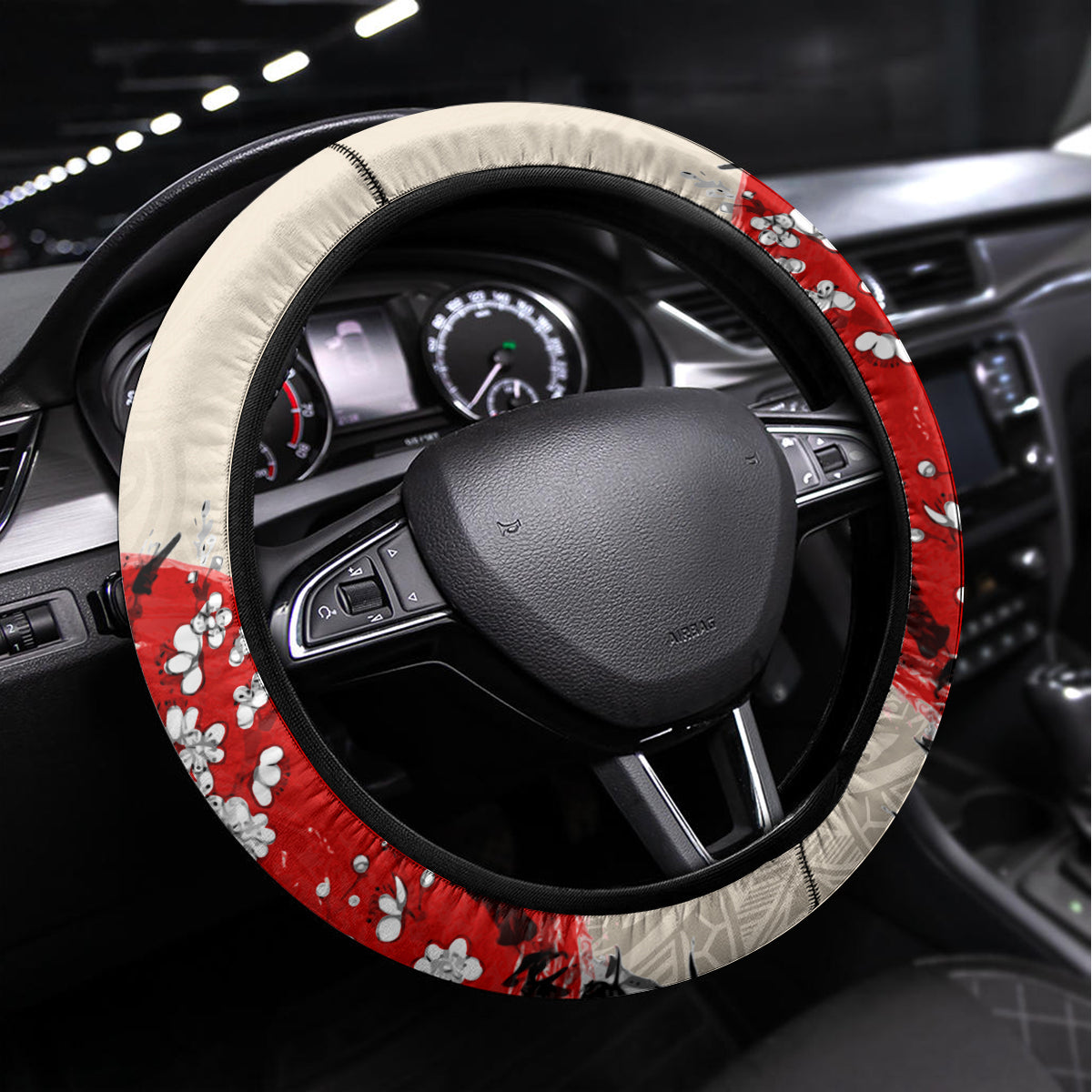 Personalised Japanese Culture Hawaii Style Steering Wheel Cover Japanese Samurai with Hawaiian Pattern LT03 Universal Fit Beige - Polynesian Pride