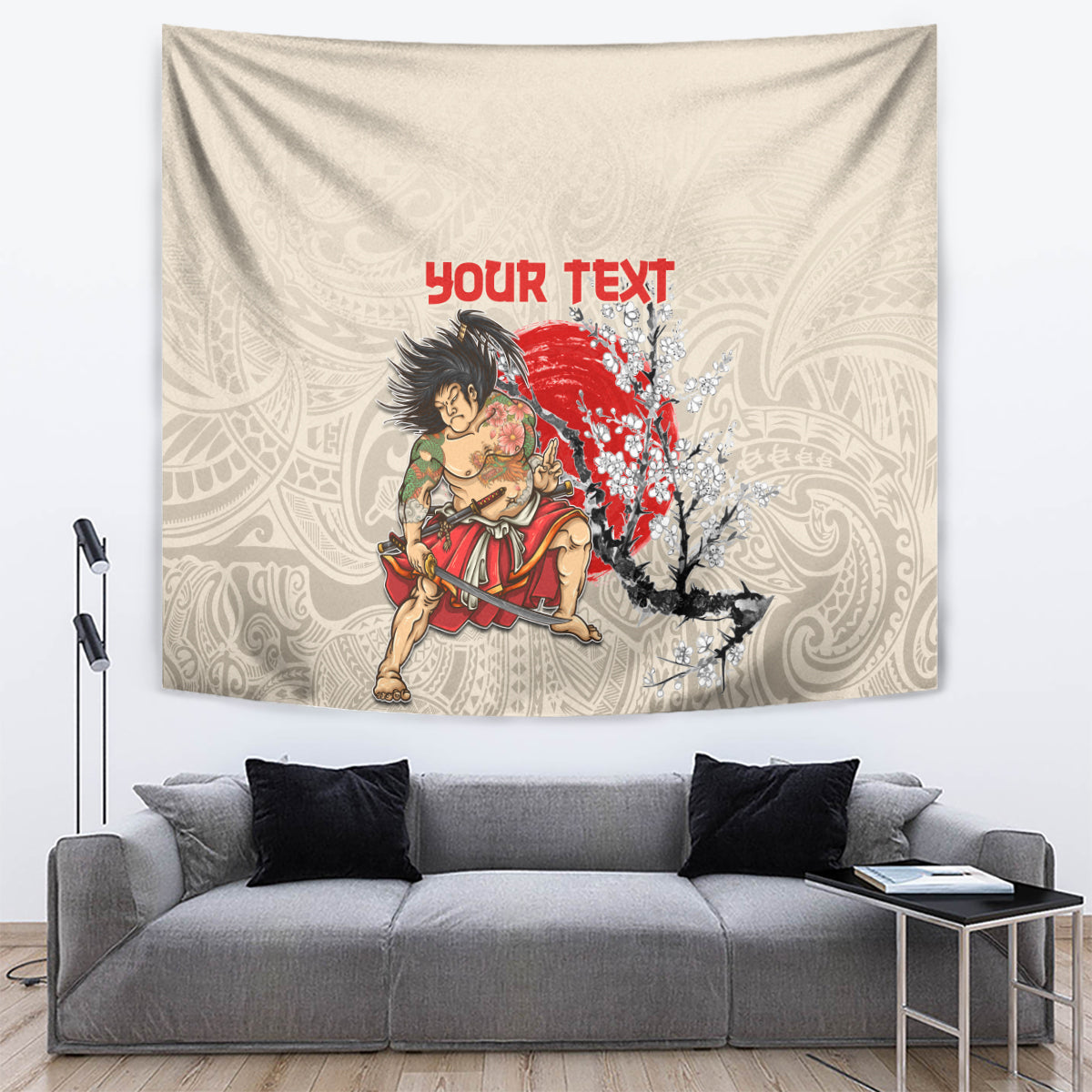 Personalised Japanese Culture Hawaii Style Tapestry Japanese Samurai with Hawaiian Pattern LT03 Beige - Polynesian Pride