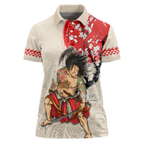 Personalised Japanese Culture Hawaii Style Women Polo Shirt Japanese Samurai with Hawaiian Pattern LT03 Female Beige - Polynesian Pride