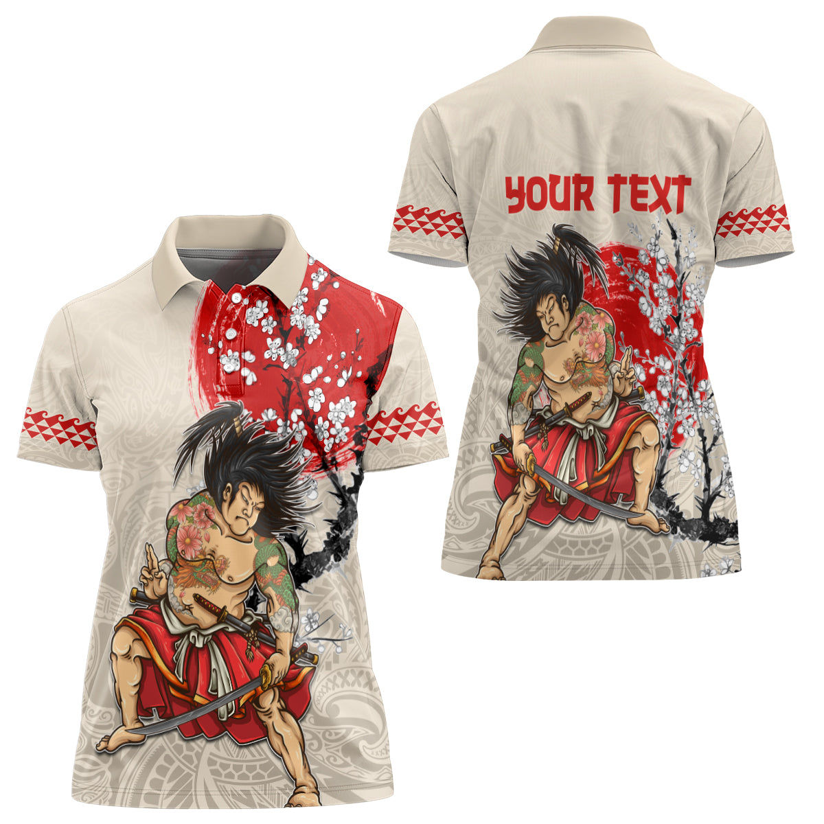 Personalised Japanese Culture Hawaii Style Women Polo Shirt Japanese Samurai with Hawaiian Pattern LT03 - Polynesian Pride
