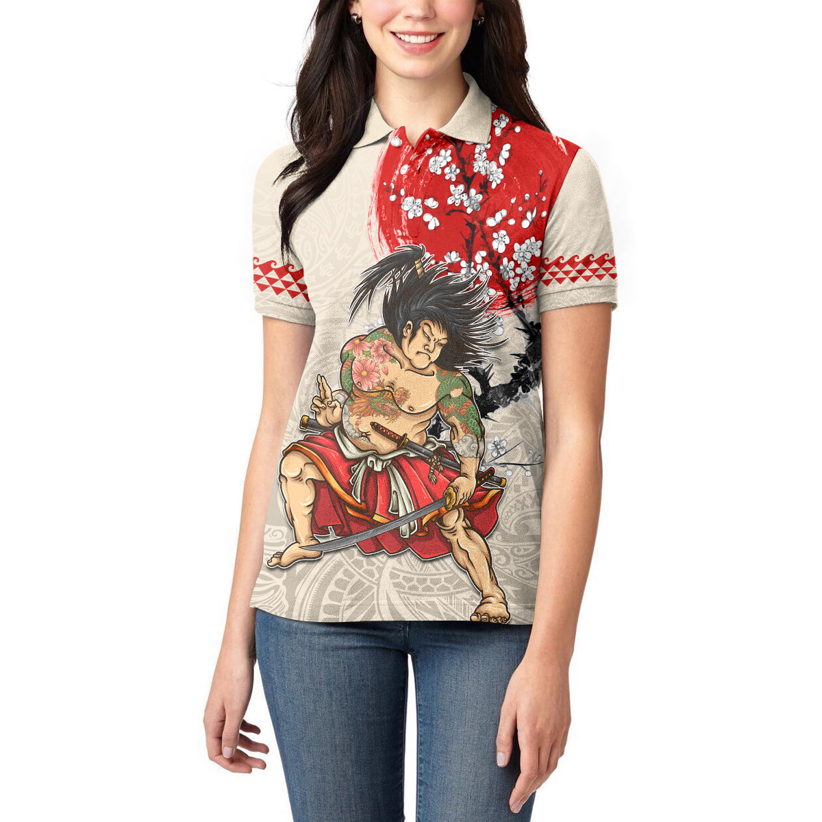 Personalised Japanese Culture Hawaii Style Women Polo Shirt Japanese Samurai with Hawaiian Pattern LT03 - Polynesian Pride