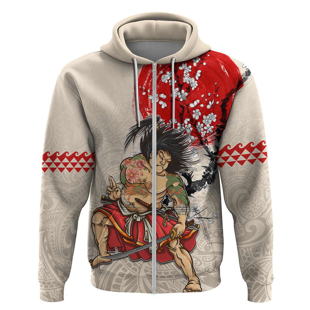 Personalised Japanese Culture Hawaii Style Zip Hoodie Japanese Samurai with Hawaiian Pattern LT03 Zip Hoodie Beige - Polynesian Pride