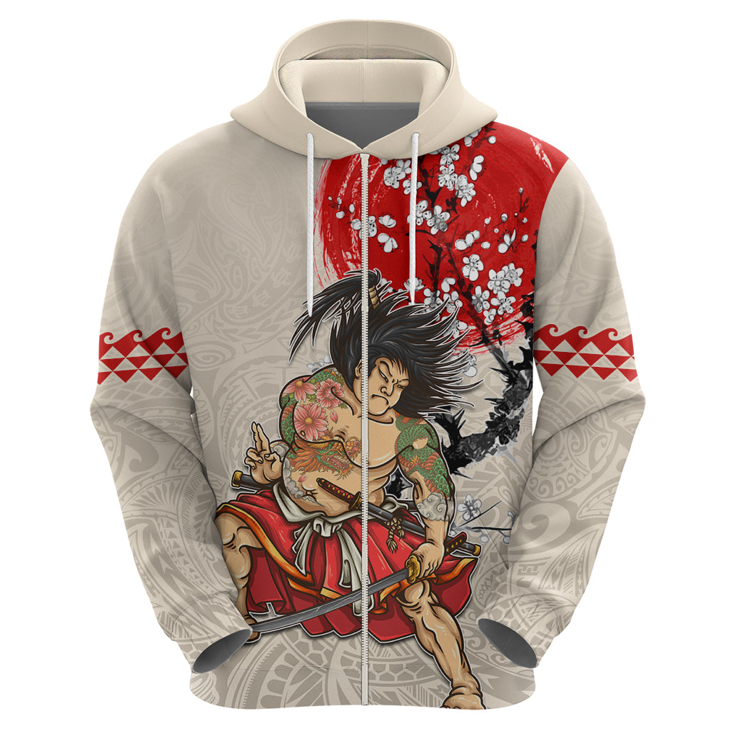 Personalised Japanese Culture Hawaii Style Zip Hoodie Japanese Samurai with Hawaiian Pattern LT03 - Polynesian Pride