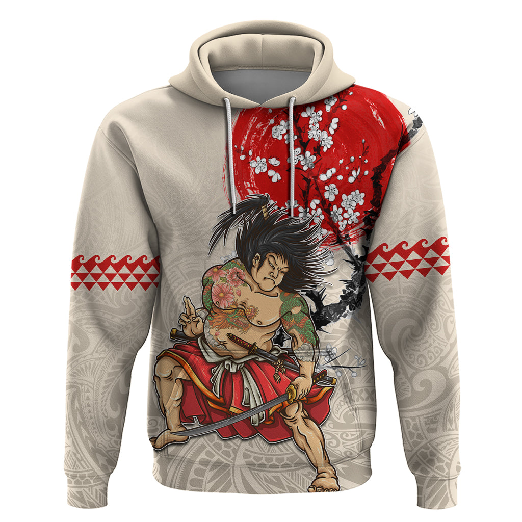 Personalised Japanese Culture Hawaii Style Zip Hoodie Japanese Samurai with Hawaiian Pattern LT03 Pullover Hoodie Beige - Polynesian Pride